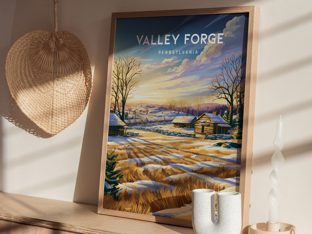 Valley Forge, Pennsylvania Poster | Historic Winter Encampment Travel Wall Art — styled in a modern interior