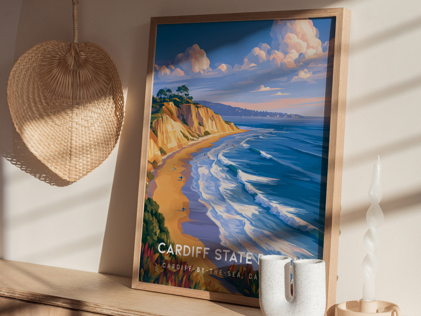Cardiff State Beach, California Poster | Sun-Kissed Shores & Surf Wall Art — styled in a modern interior