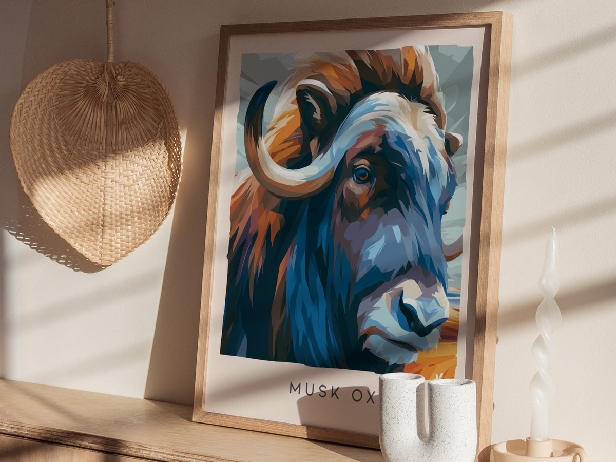 Musk Ox, Ovibos moschatus Poster | Arctic Tundra Wildlife Wall Art — styled in a modern interior