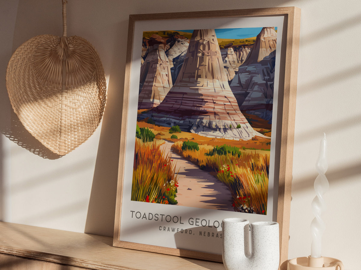 Toadstool Geologic Park Matte Border Poster | Crawford, Nebraska Travel Wall Art — styled in a modern interior