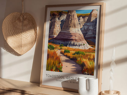 Toadstool Geologic Park Matte Border Poster | Crawford, Nebraska Travel Wall Art — styled in a modern interior