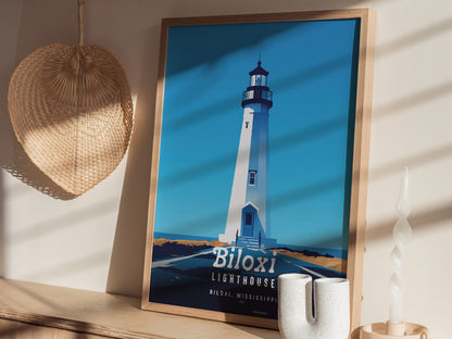 A framed Biloxi Lighthouse poster in a minimal vector style is displayed on a shelf, accompanied by a woven basket and decorative candle. Shadows cast across the scene.