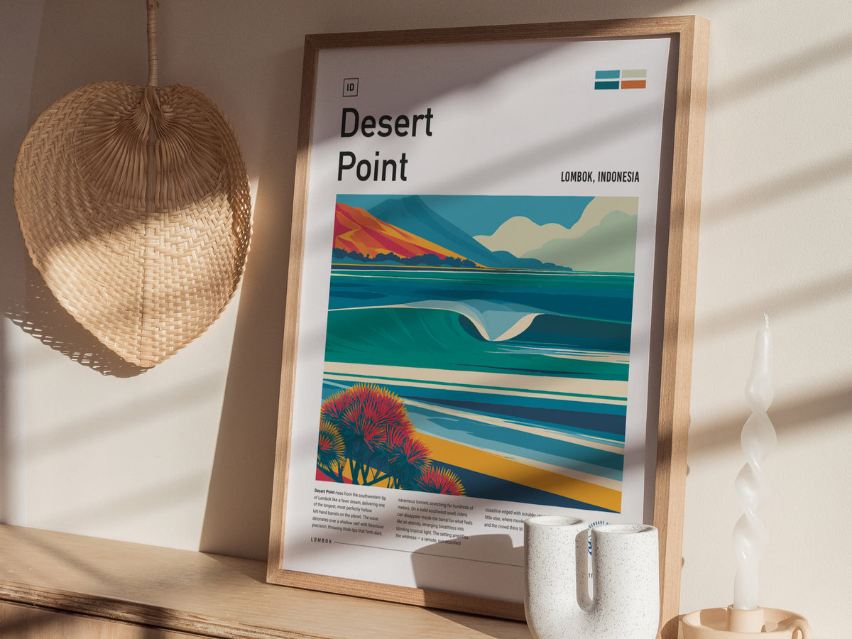 Desert Point, Lombok, Indonesia Poster | Surf Wall Art & Wave Print Wall Art — styled in a modern interior