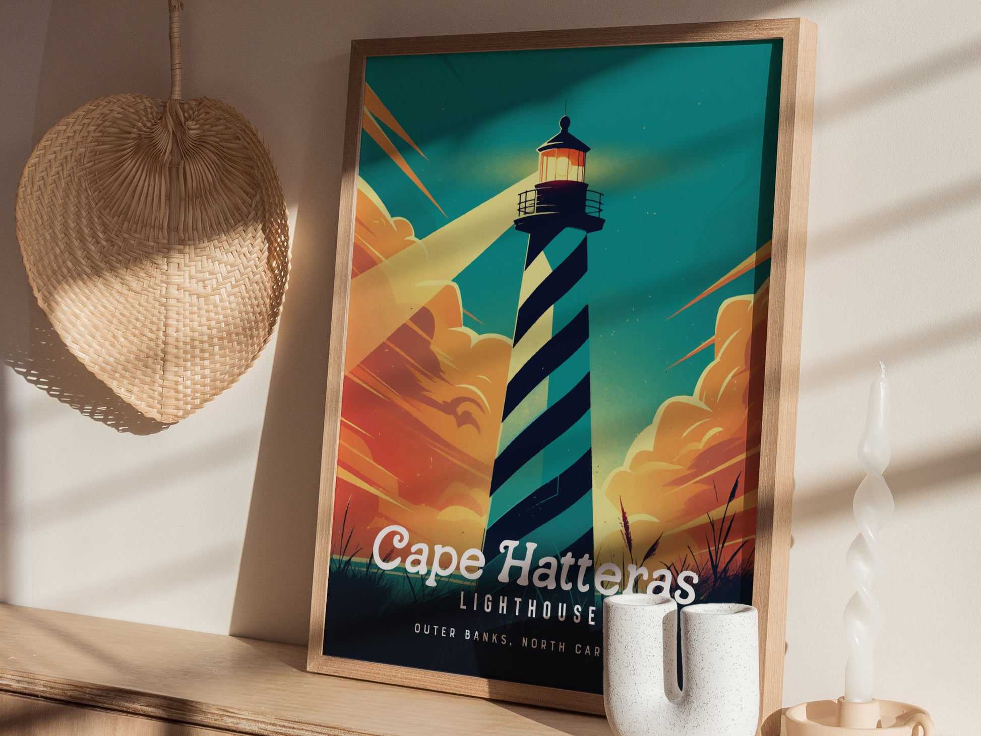 Cape Hatteras Lighthouse Poster | Outer Banks Coastal Beach Wall Art | Framed or Unframed