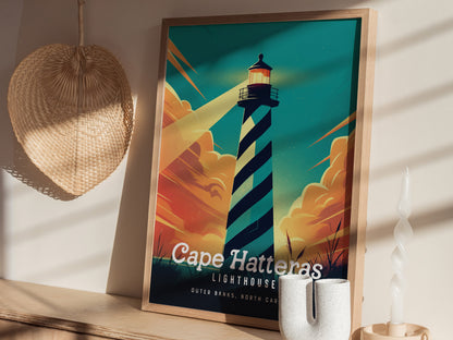 Cape Hatteras Lighthouse Poster | Outer Banks Coastal Beach Wall Art | Framed or Unframed