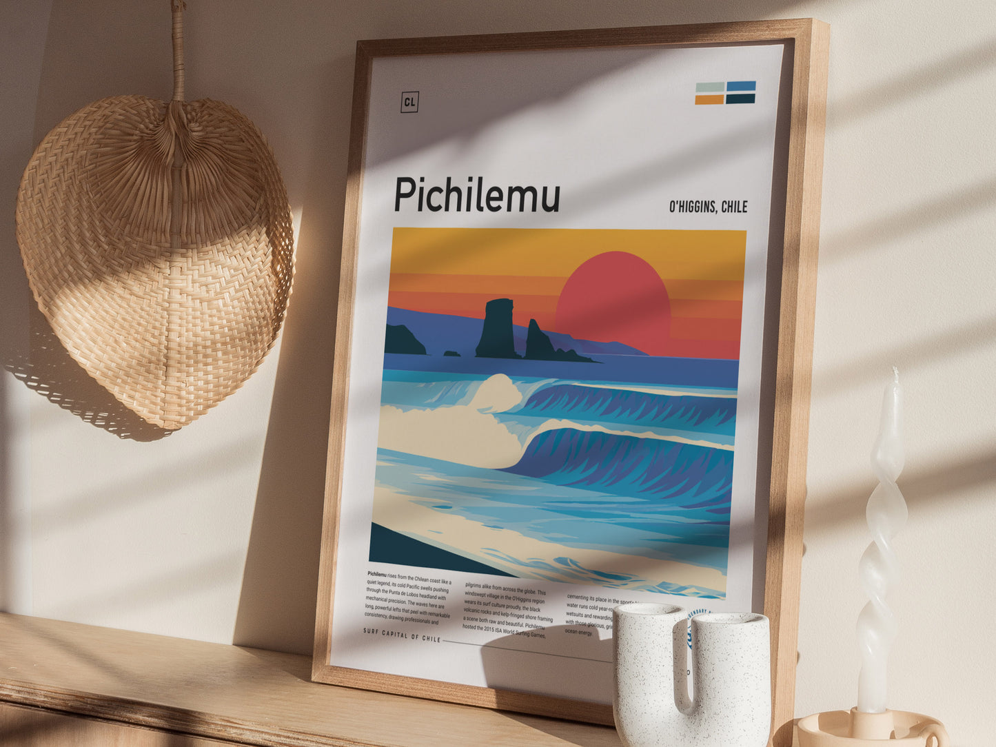 Pichilemu, Chile Poster | Pacific Surf & Coastal Cliffs Wall Art — styled in a modern interior