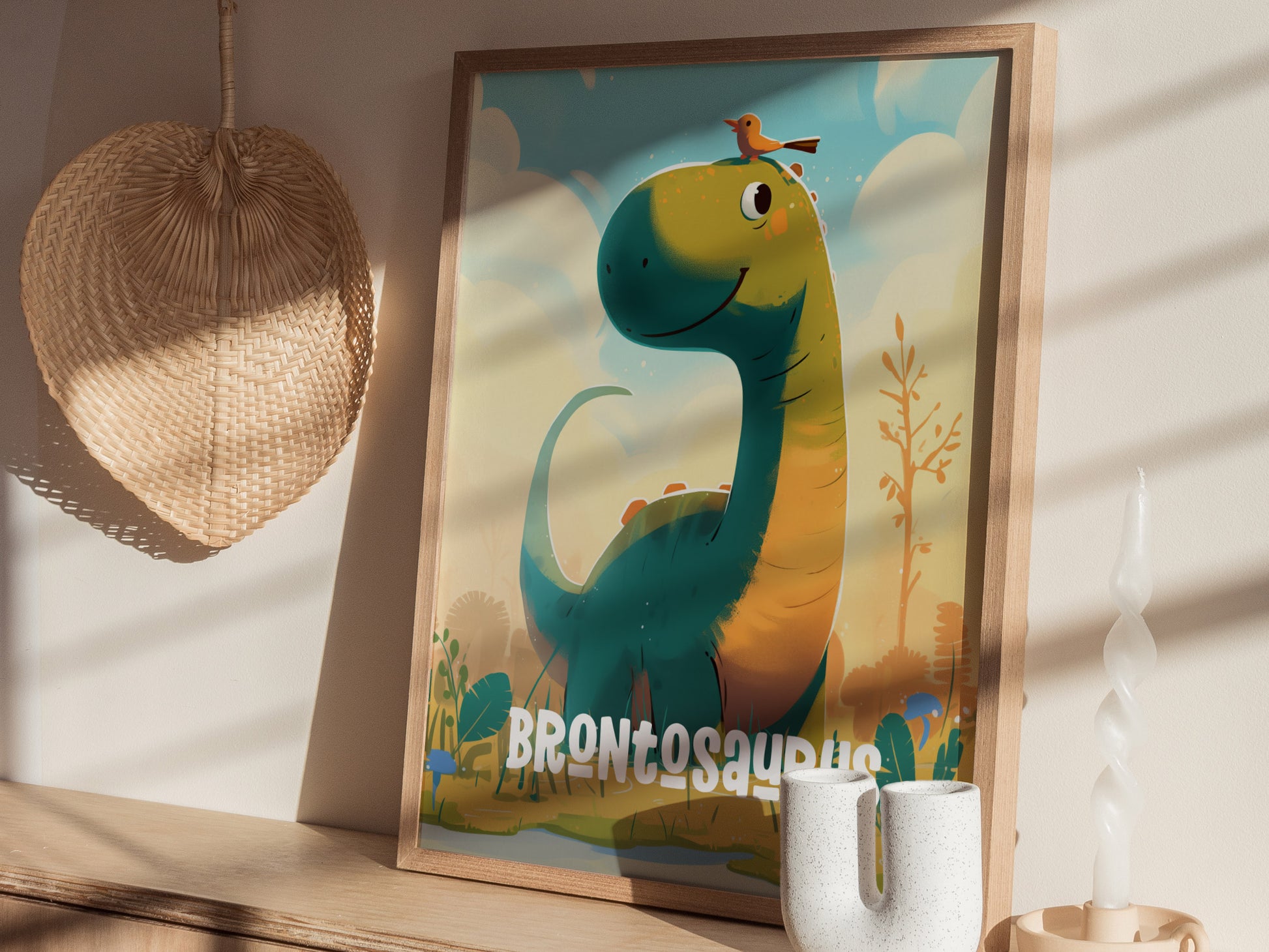 Brontosaurus Cute Dinosaur Poster | Kids Room Nursery Wall Art | Framed or Unframed