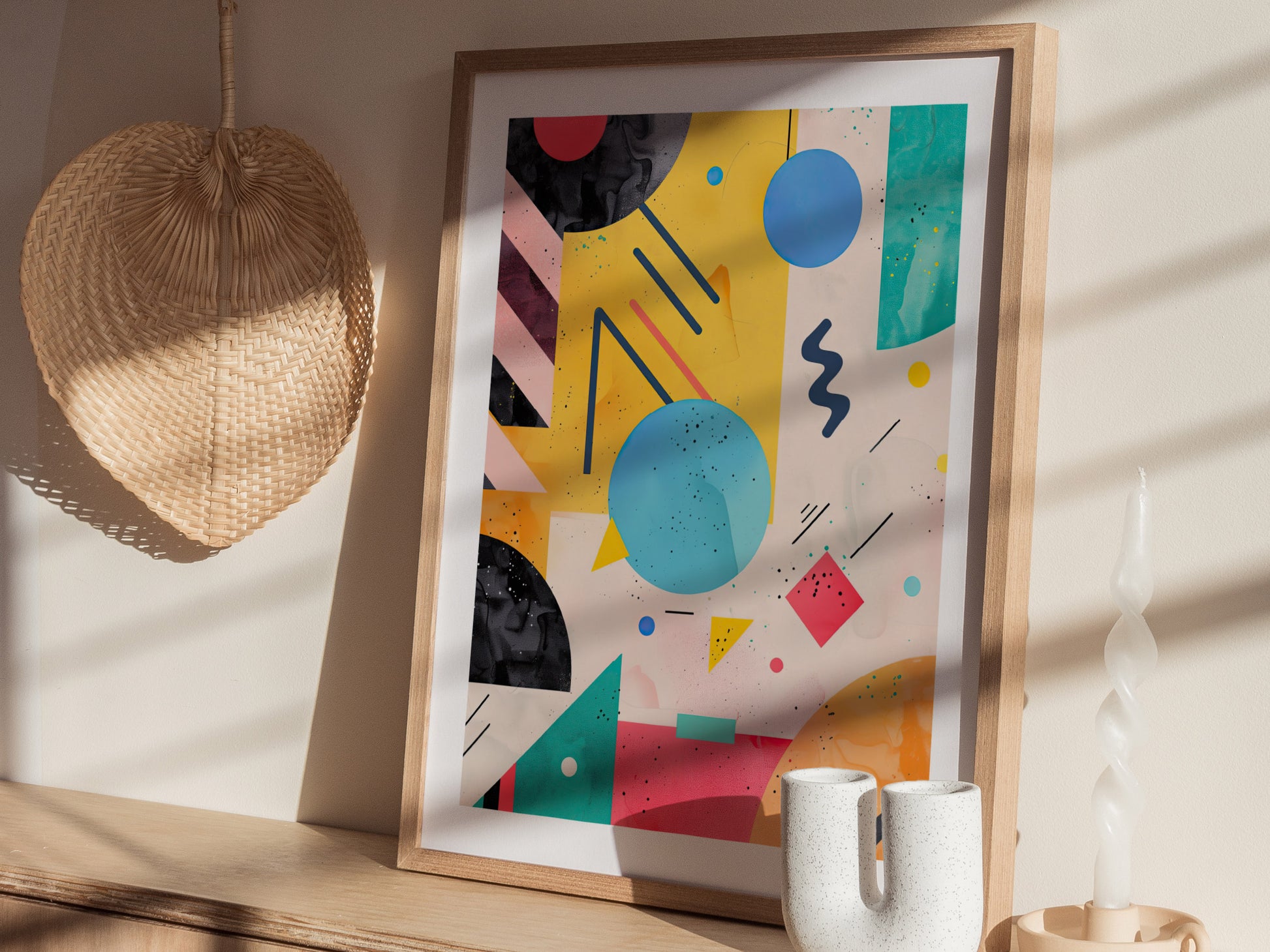 A framed abstract poster with bold geometric shapes and vibrant colors is displayed on a wooden surface, accompanied by a woven fan, twisted candle, and ceramic vase.