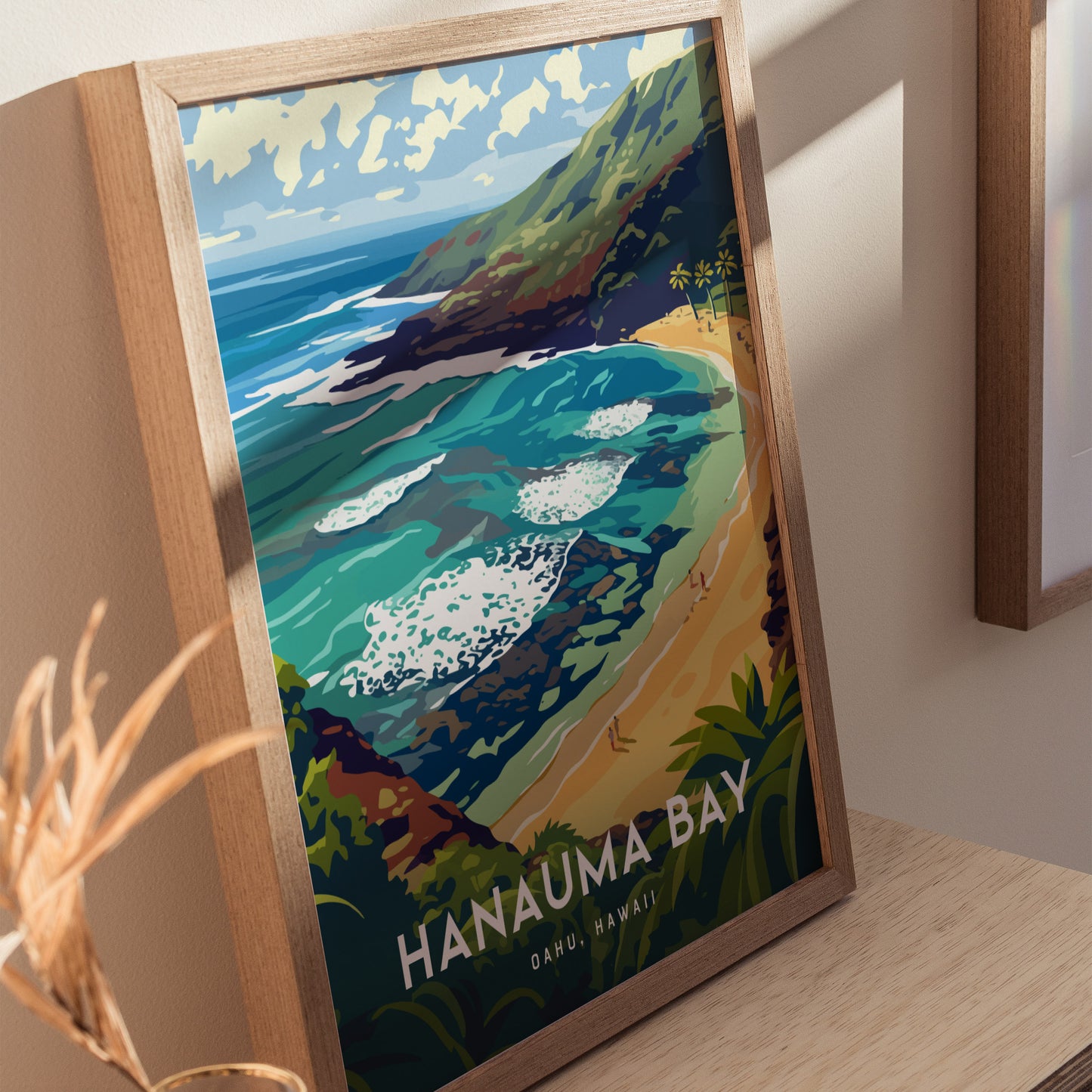 Hanauma Bay Framed Poster, Oahu Snorkeling Beach Wall Art, Hawaii Diving Travel Print, Hawaiian Tropical Home Decor