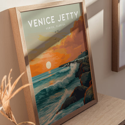 Venice Jetty Poster | Sarasota Florida Surf Art | Framed or Unframed