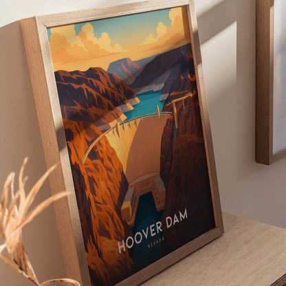 A framed illustration of the Hoover Dam is displayed, showcasing the dams impressive architecture against the rugged canyon and blue waters. Warm desert tones and a gradient sky enhance the scene, labeled Hoover Dam Nevada.