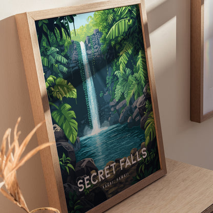 Secret Falls Poster | Kauai Hawaii Uluwehi Waterfall Art | Island Gift