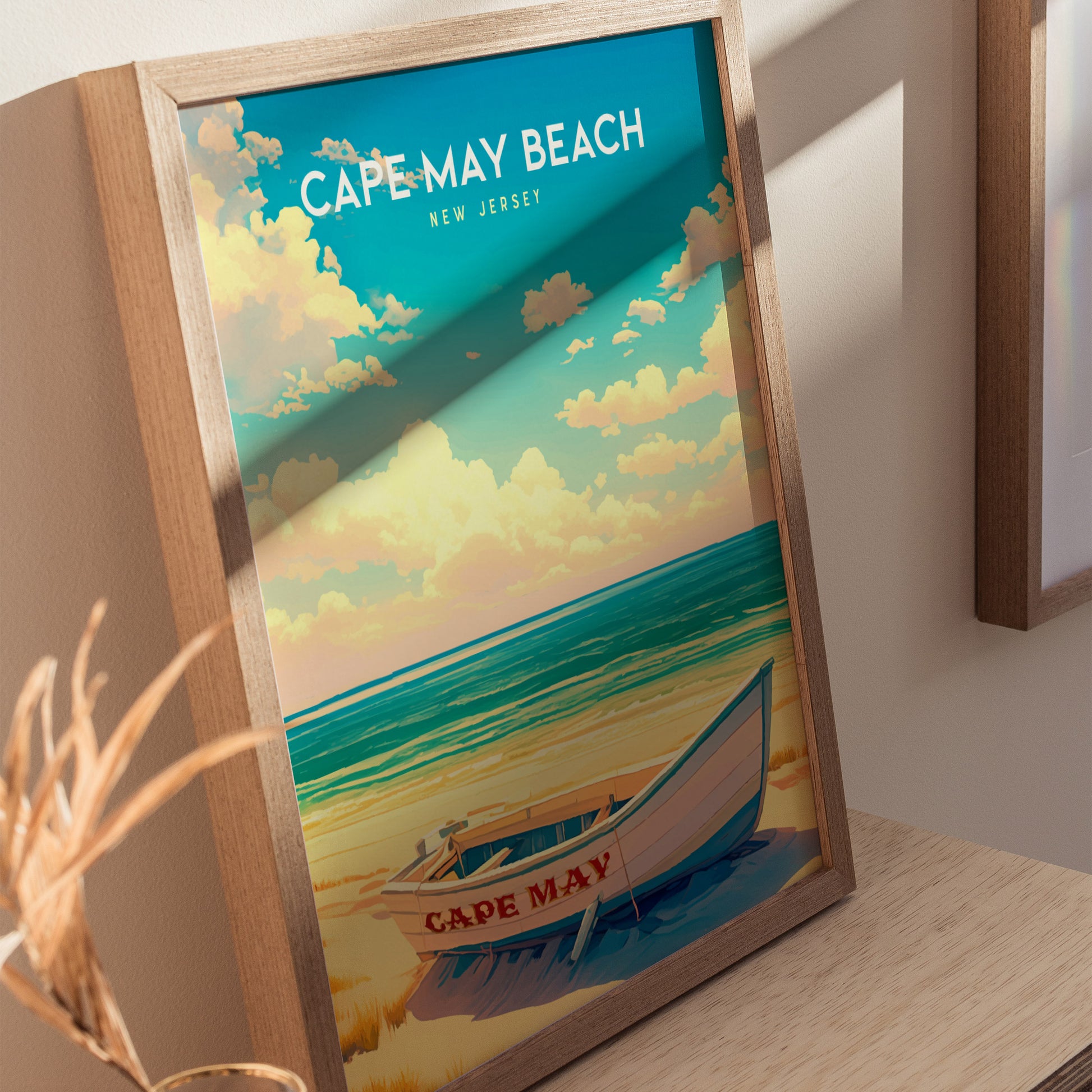 Cape May Beach, New Jersey Poster | Victorian Shore & Sunset Coastal Beach Decor — styled in a modern interior