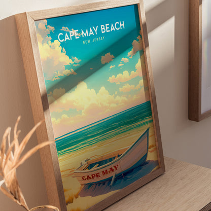 Cape May Beach, New Jersey Poster | Victorian Shore & Sunset Coastal Beach Decor — styled in a modern interior
