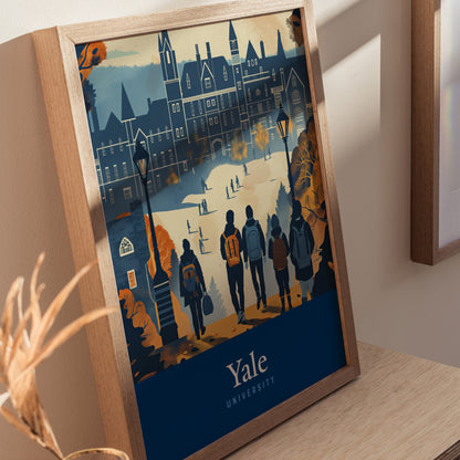 Framed poster depicting a stylized scene of Yale University with silhouetted figures walking towards Gothic architecture. The artwork features warm autumn colors and intricate details.