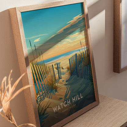 Framed artwork of Watch Hill, Rhode Island, depicting a sandy beach path flanked by wooden fences and grass under a vibrant sunset sky. Perfect for coastal-themed decor.