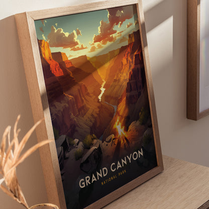 A framed poster depicting the Grand Canyon with vibrant sunset hues illuminating the canyon walls, showcasing dramatic shadows and a winding river.