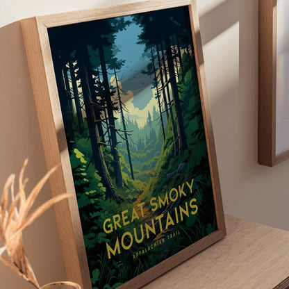 Framed poster of the Great Smoky Mountains featuring a lush forest scene with tall trees and a sunlit path. Text reads Great Smoky Mountains Appalachian Trail.