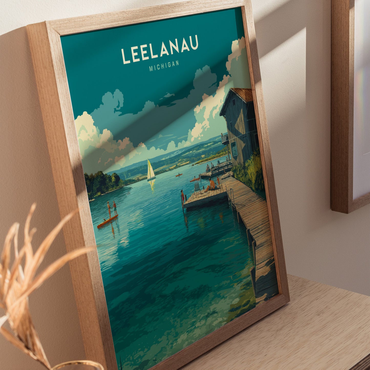 Leelanau Michigan Lake Poster | Rustic Dock Sailboat Wall Art