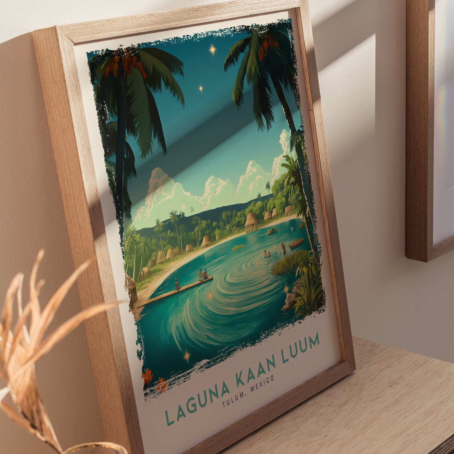 A framed illustration depicting a serene lagoon scene with turquoise waters, palm trees, and small huts under a starry sky, labeled Laguna Kaan Luum, Tulum, Mexico.