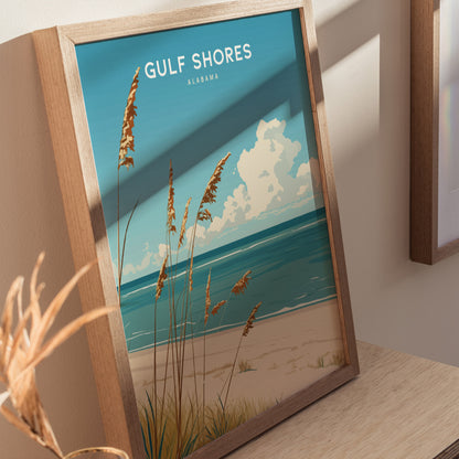 Framed poster of Gulf Shores, Alabama, featuring a beach scene with sea oats, blue ocean, and cloudy sky, set against a wooden surface with soft shadows.
