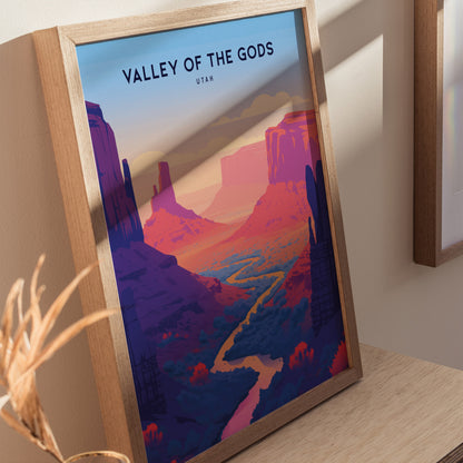 Framed artwork titled Valley of the Gods, Utah depicting a colorful desert landscape with winding river, towering red rock formations, and vibrant hues of purple and orange.