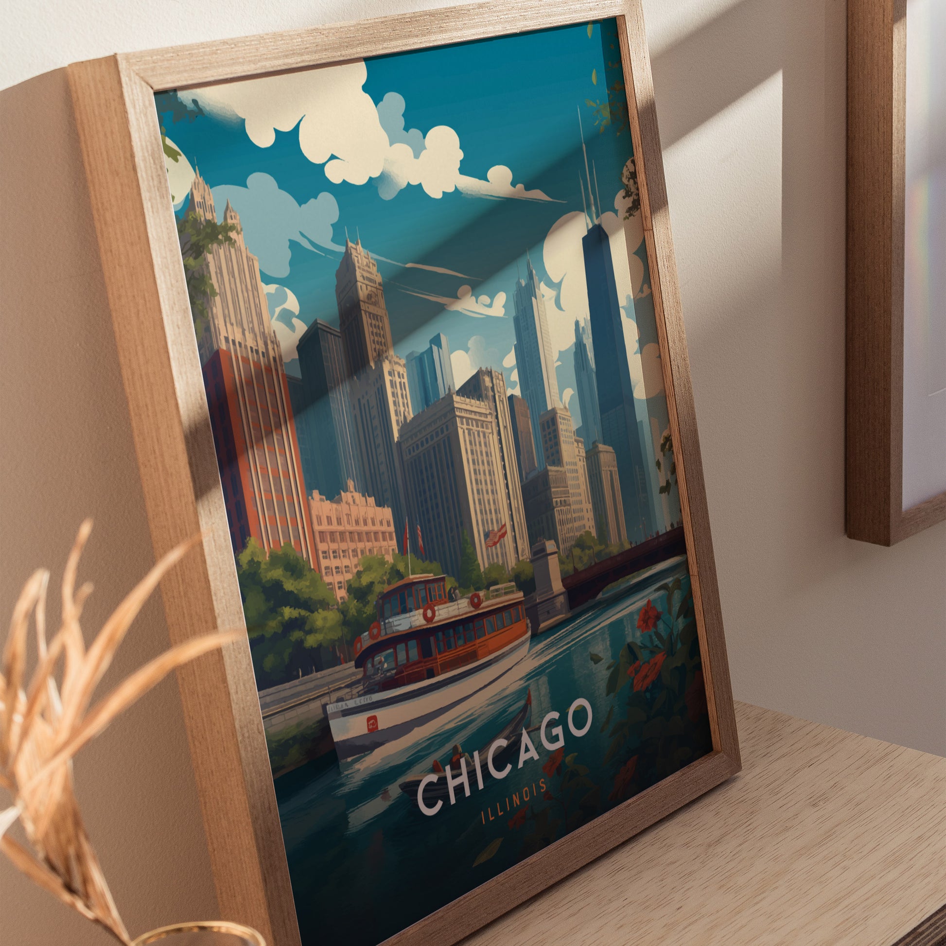 Framed artwork depicting Chicagos skyline with a boat on the river, set against a backdrop of skyscrapers and blue sky. The text CHICAGO ILLINOIS is visible.