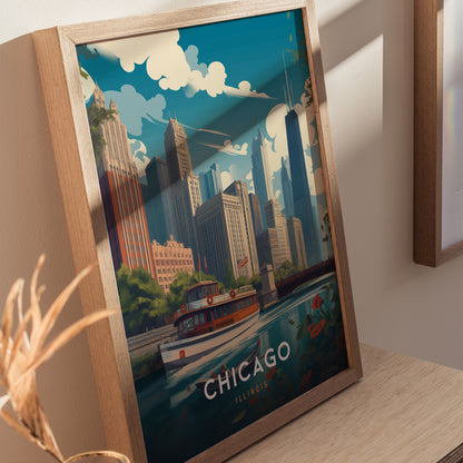 Framed artwork depicting Chicagos skyline with a boat on the river, set against a backdrop of skyscrapers and blue sky. The text CHICAGO ILLINOIS is visible.