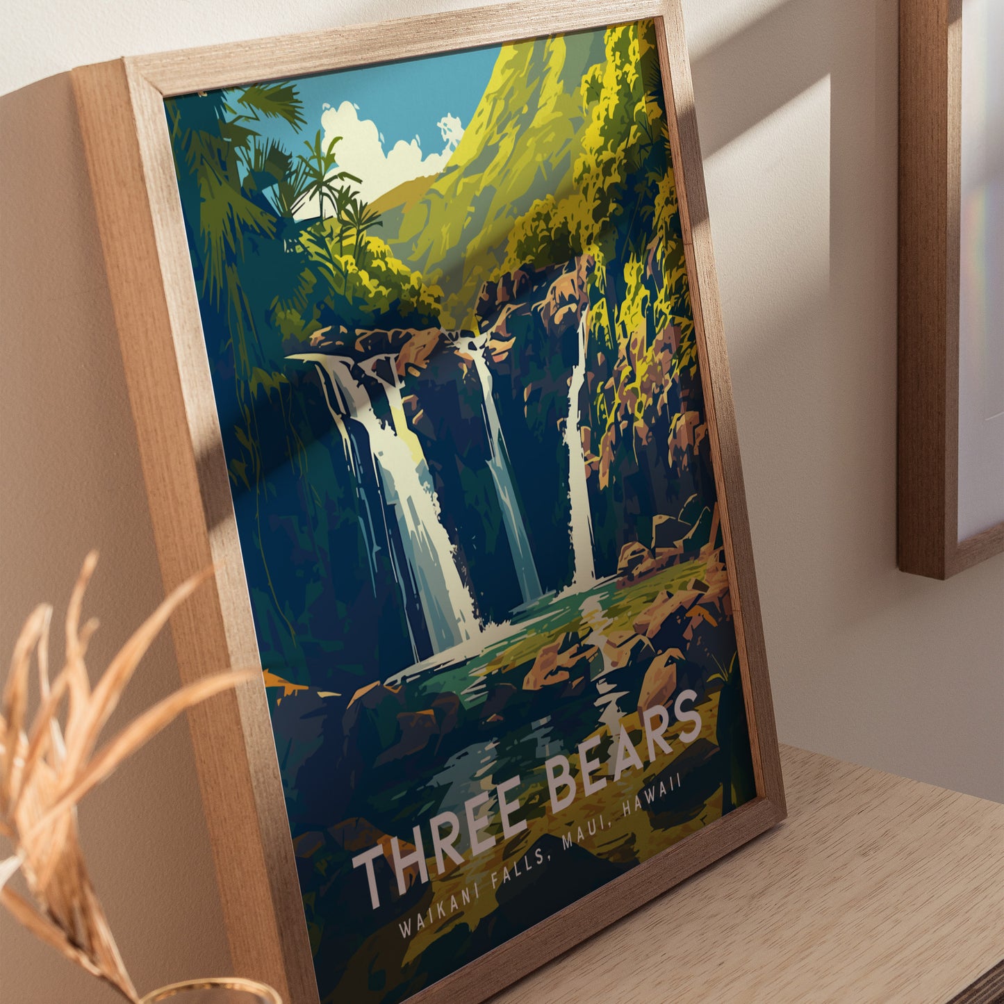 Three Bears Falls Poster | Maui Waterfall Art | Road to Hana Gift