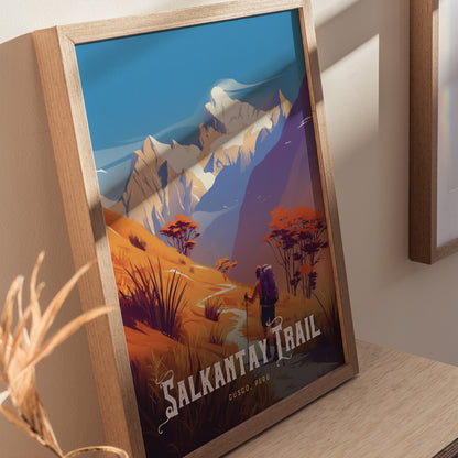 Framed artwork of Salkantay Trail featuring vibrant orange hills, snow-capped mountains, and a hiker on a path, with Salkantay Trail Cusco, Peru text at the bottom.