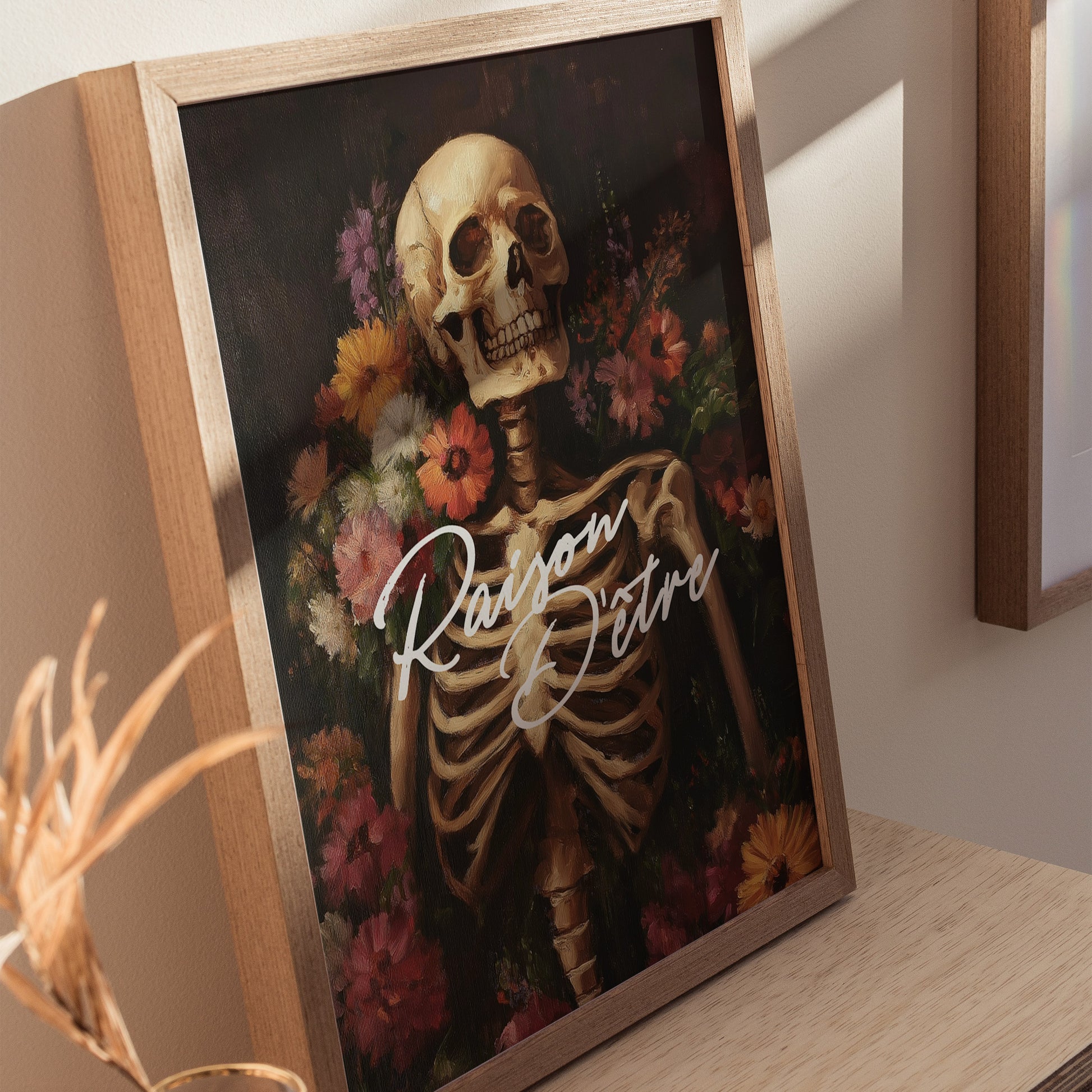 Raison d’Être Skeleton Art Print – Dark Academia Gothic Floral Wall Decor, Memento Mori Aesthetic, Framed/Unframed Macabre Poster - Swell Scenes