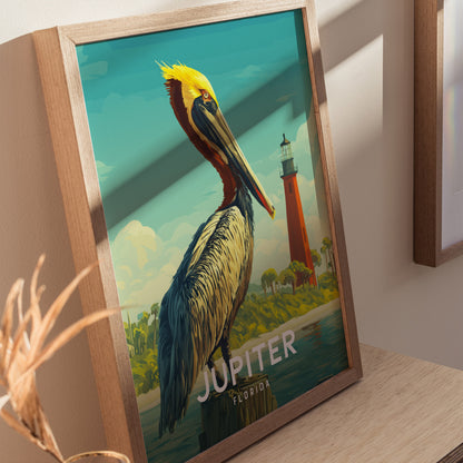 Framed artwork of a pelican with a lighthouse in the background, labeled 'Jupiter, Florida'.