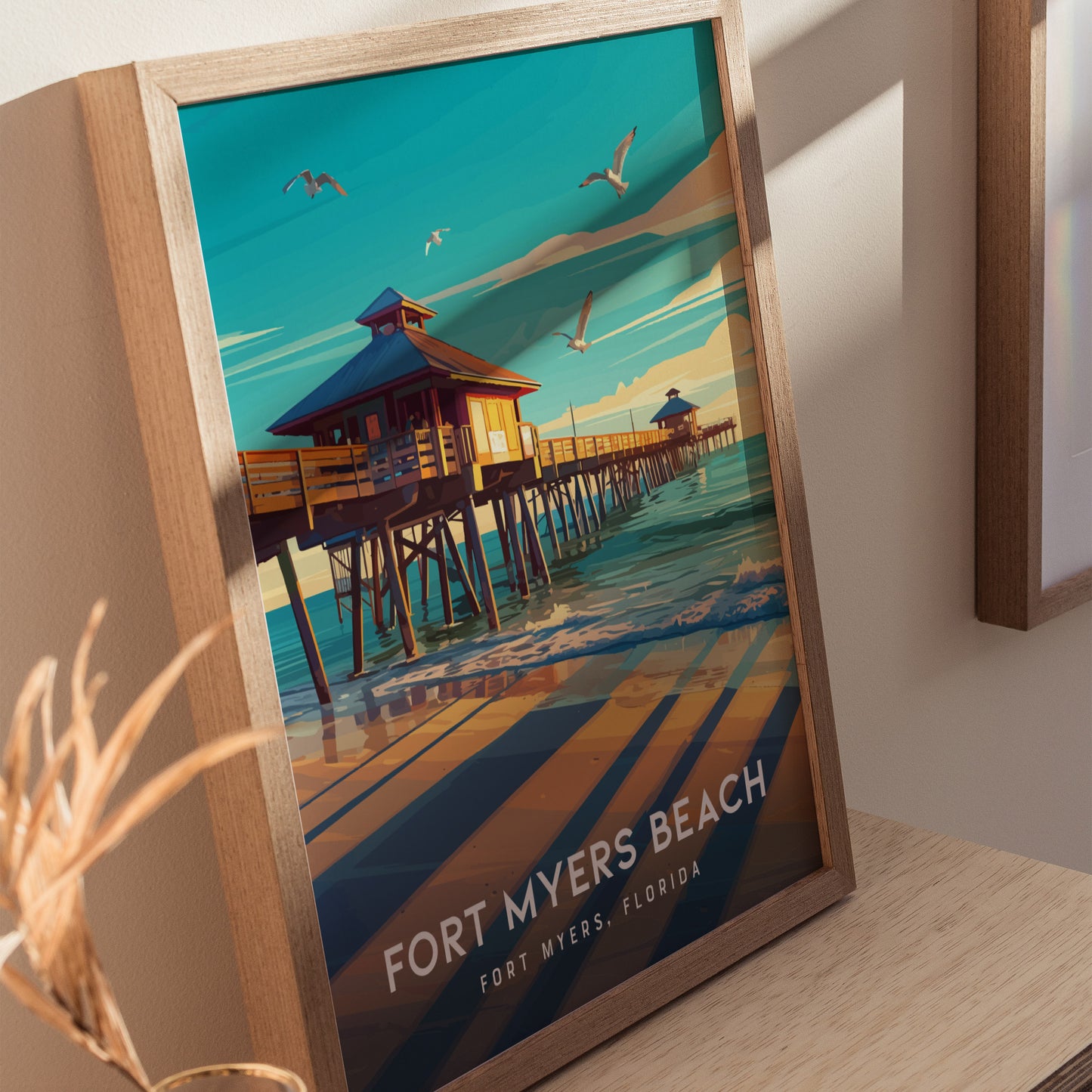 Fort Myers Beach Poster | Florida Historic Pier Wall Art | Framed or Unframed