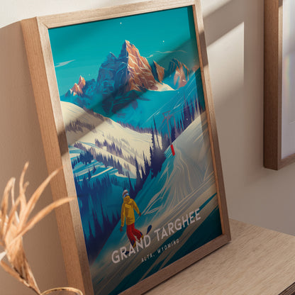 Framed poster of Grand Targhee Resort featuring a skier in a yellow jacket on snowy slopes, with majestic mountains in the background.