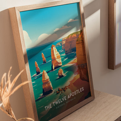 Framed poster depicting the Twelve Apostles rock formations along Australias coastline, featuring vibrant turquoise waters and dramatic limestone stacks under a blue sky.