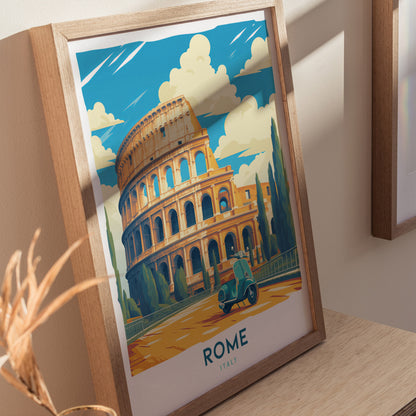 Rome Travel Poster | Vintage Colosseum & Vespa Italy Art Gift
