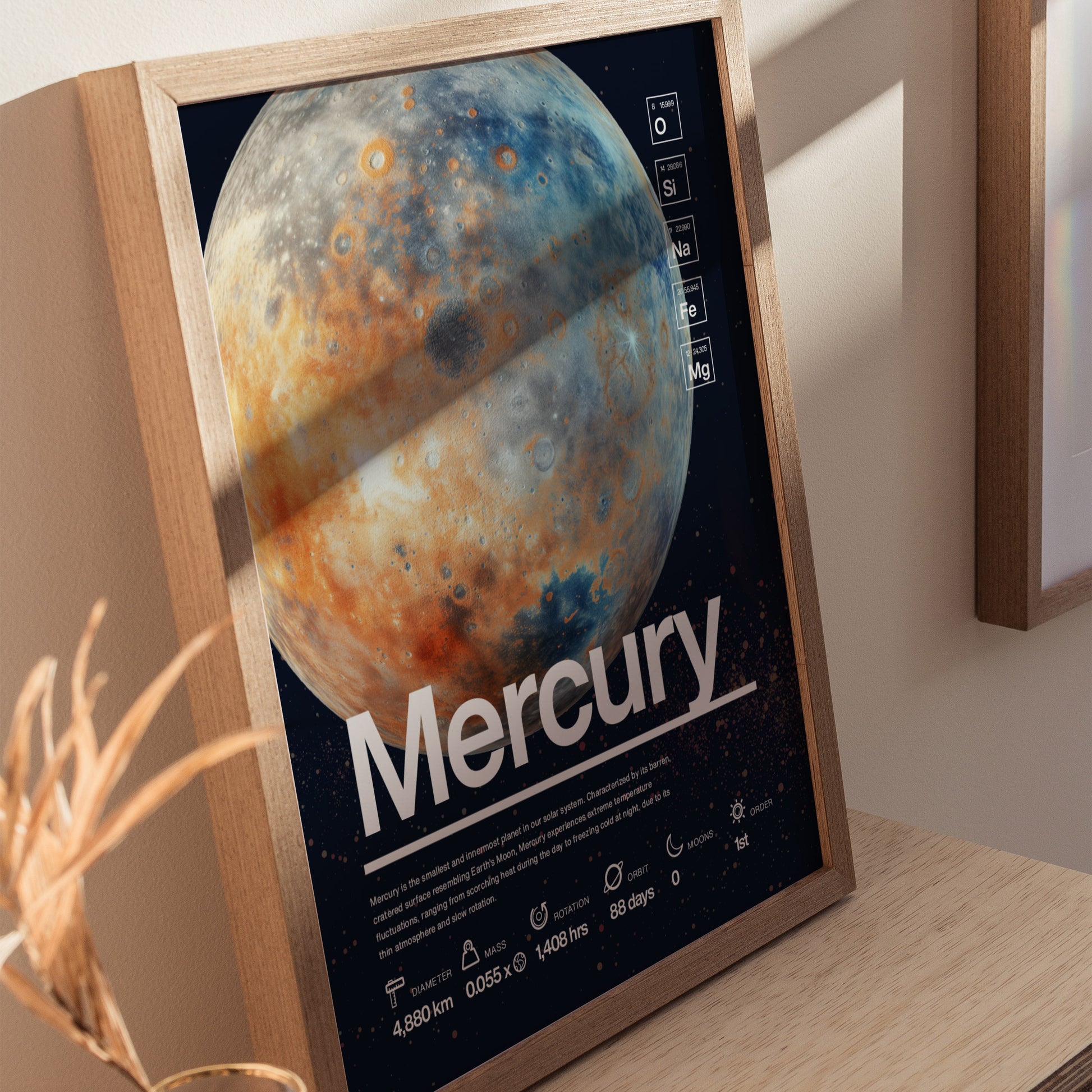 Framed poster of Mercury with detailed cratered surface, standing on a wooden table. The poster includes text and planetary data, creating a modern, informative piece of wall art.