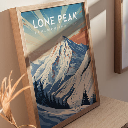 A framed poster of Lone Peak in Big Sky, Montana, showcasing a stylized snowy mountain with trees, under a colorful sky. The image includes elevation details.