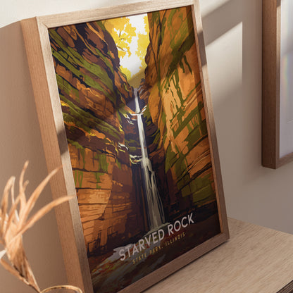 Starved Rock State Park, Illinois Poster | Canyon Waterfall Destination Print Wall Art — styled in a modern interior