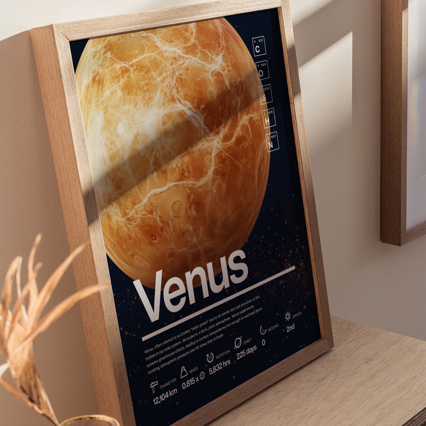 A framed poster of the planet Venus features detailed surface imagery and scientific facts in clean typography. It rests on a wooden surface, with soft lighting highlighting its details.