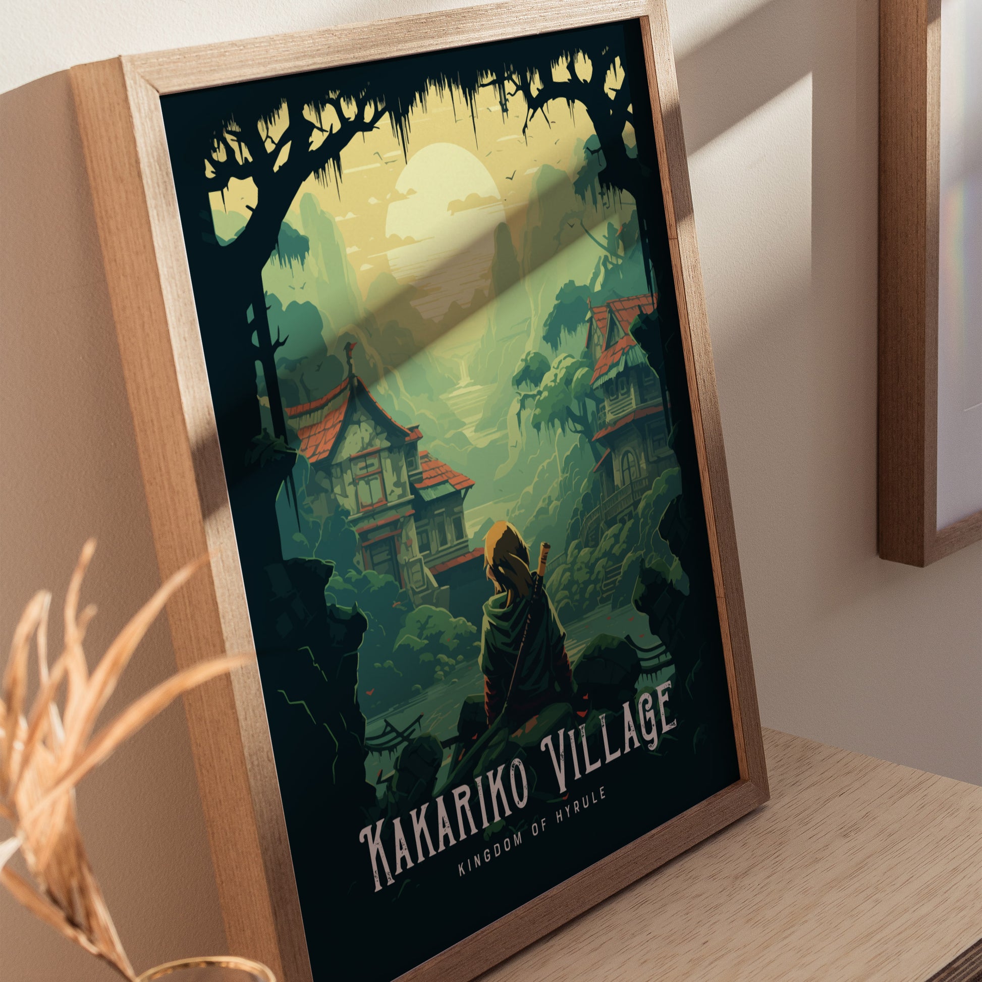 Framed Kakariko Village wall art hanging in a modern game room