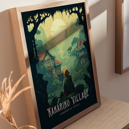 Framed Kakariko Village wall art hanging in a modern game room