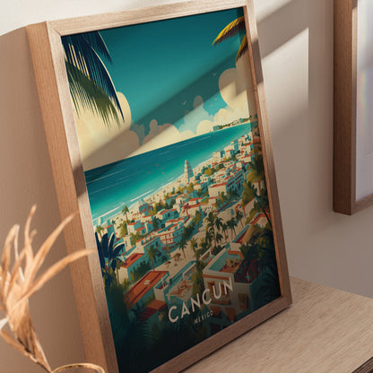 A framed poster of Cancun, Mexico, showcasing a vibrant illustration of a coastal town with turquoise waters, palm trees, and colorful buildings under a clear blue sky.