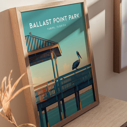 Framed poster of Ballast Point Park, Tampa, Florida, featuring a pelican on a fishing pier under a blue sky.