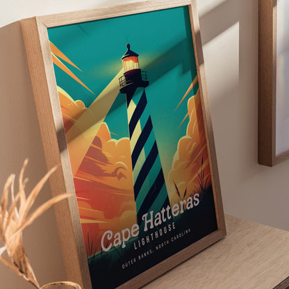Cape Hatteras Lighthouse Poster | Outer Banks Coastal Beach Wall Art | Framed or Unframed