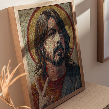 A framed mosaic artwork depicting a man with long hair and a beard, resembling a religious icon, set against a textured background. The piece features intricate tile work and a halo effect, showcasing a unique blend of artistry.
