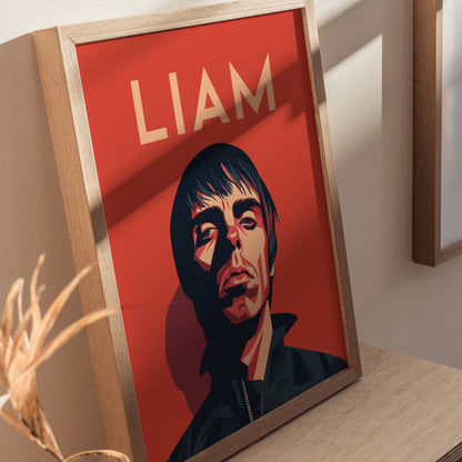 Framed poster featuring a stylized portrait of a man with dark hair and a serious expression against an orange background with LIAM written above.