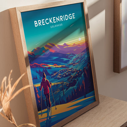Framed poster featuring a colorful illustration of a skier overlooking a vibrant mountain landscape with a setting sun, titled Breckenridge Colorado. The artwork is displayed on a wooden surface.