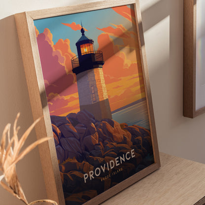 Framed poster depicting a lighthouse at sunset with vibrant orange and pink clouds, labeled Providence Rhode Island, resting on a wooden surface.