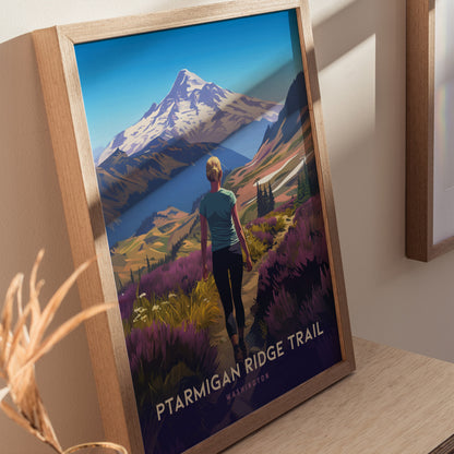 A framed poster depicts a hiker on Ptarmigan Ridge Trail, surrounded by vibrant wildflowers, with Mt. Baker in the background under a clear blue sky.